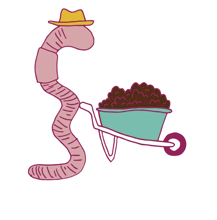 worm holding a wheel barrow filled with compost